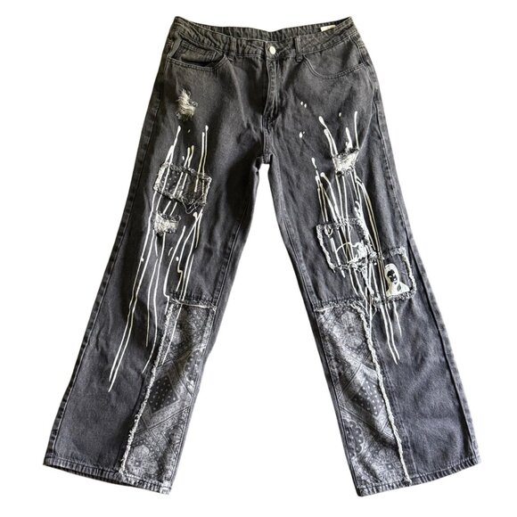 Q&J Jeans Denim Distressed Graffiti Patchwork Jeans Men's Large Black Streetwear - Picture 1 of 11